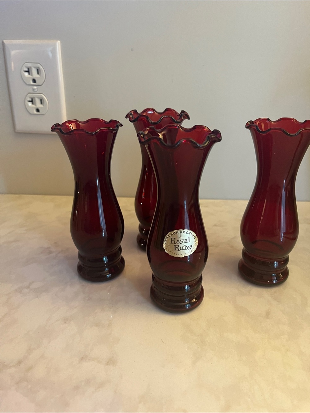 4 Royal Ruby Red Vases Anchor Hocking fluted edge great to line up for table